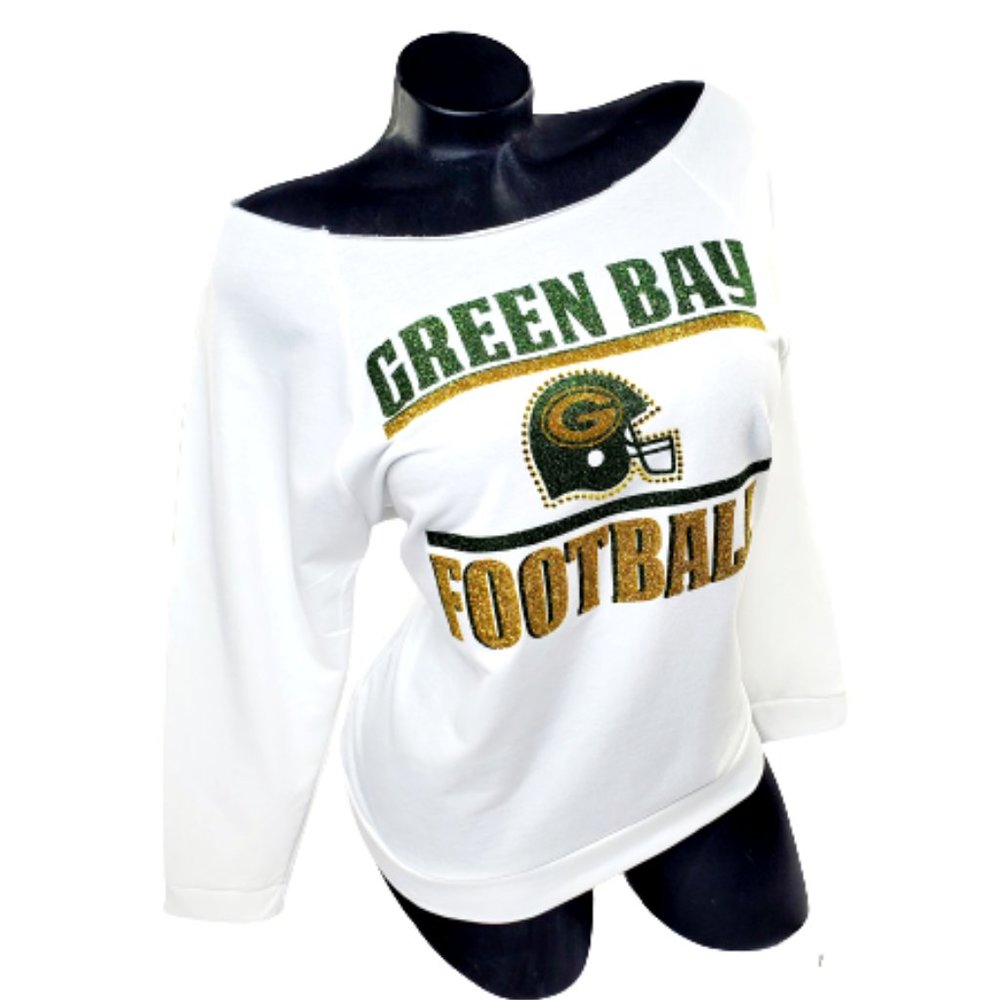 Green Bay Football White Sweatshirt with Shiny Glitter Lettering & Crystals.